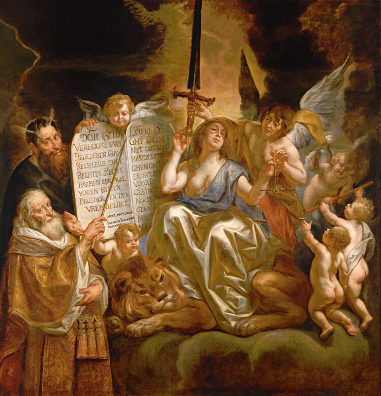 Obraz Jacoba Jordaensa zatytułowany „Boskie prawo jako podstawa sprawiedliwości ludzkiej”. Ilustruje on zakorzenienie władzy Kościoła poprzez nieświadomość grupową. Ów kanon właśnie się rozpada. Fot. domena publiczna