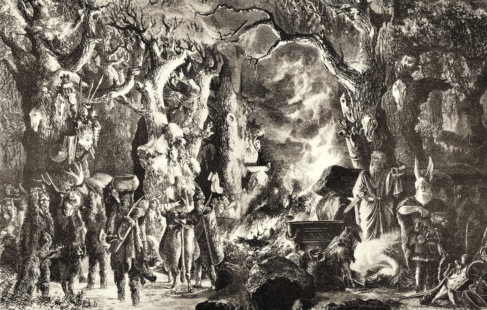 Ilustracja przedstawiająca starożytne nordyckie święto Yule (Die Gartenlaube, 1880), ryc. domena publiczna