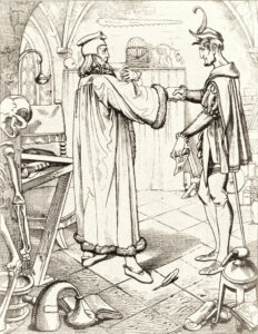 1.W ludowych wierzeniach niemieckich pakt masona z diabłem przypominał umowę Fausta z Mefistofelesem. Źródło: Wikipedia, Teufelspakt_Faust-Mephisto,_Julius_Nisle